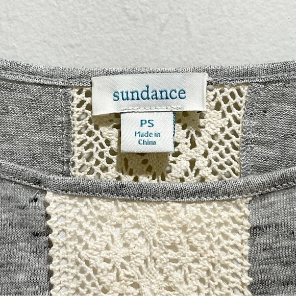 SUNDANCE CATALOG Women’s Gray Linen Crochet Lace Detail JUSTINE Tee Sz Petite S - Picture 7 of 8